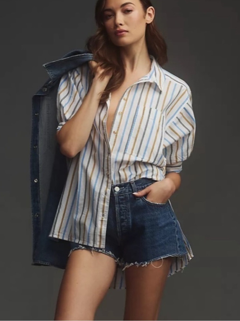 NEW! PILCRO Anthropologie Painter Buttondown Shirt Blue Tan Stripes Size XS